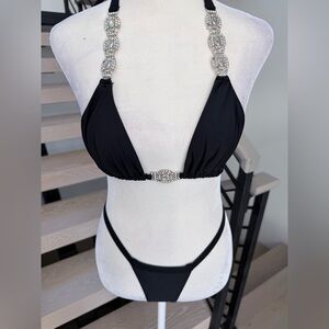 New Black Bikini Swimsuit Swimwear Two piece with Rhinestones Thong size S